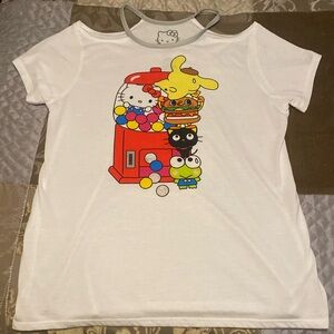 Hello Kitty Fun gumball machine print cut out shoulder graphic tee